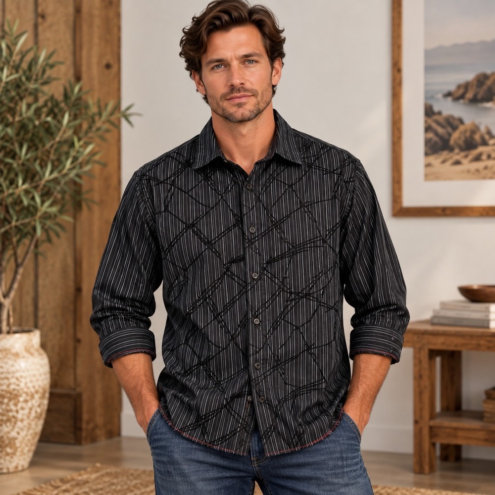Red X Mens Medium Black Pinstripe Flocked Geometric Button Down Shirt